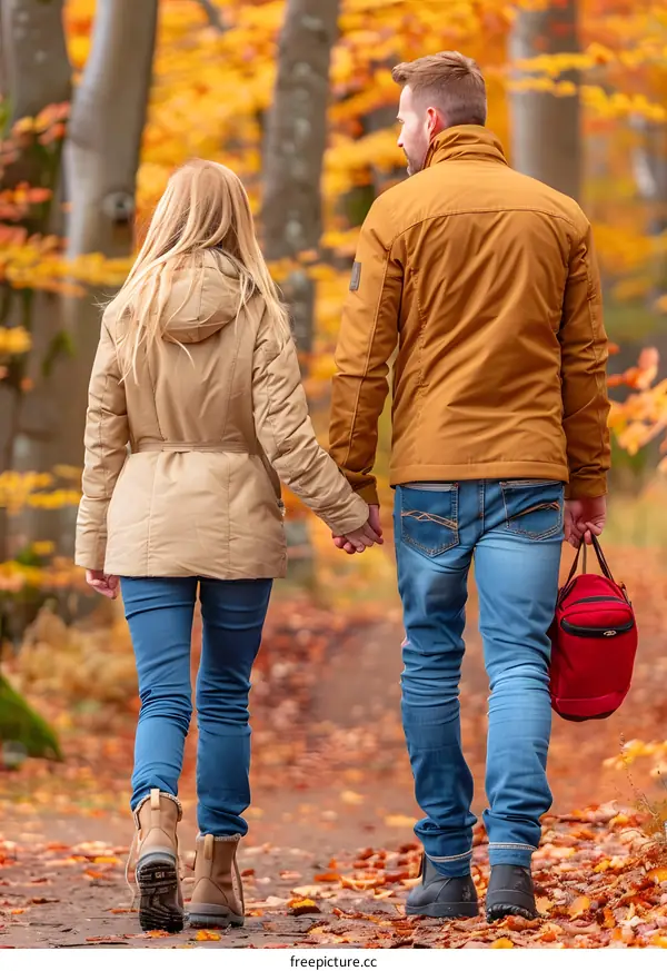 Couple Walking in Autumn Forest