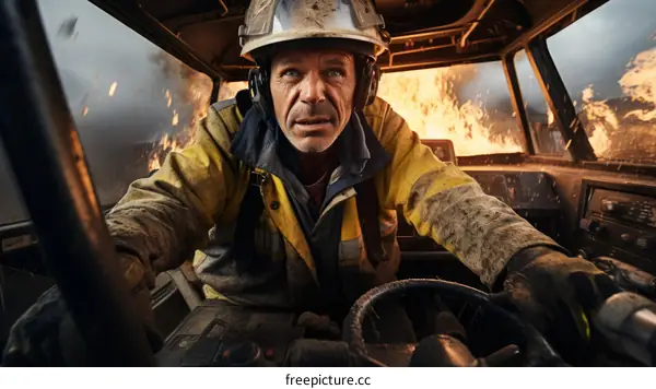 Firefighter in a burning truck
