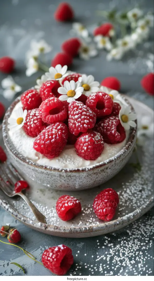 Delightful Raspberries and Cream adorned with Edible Flowers