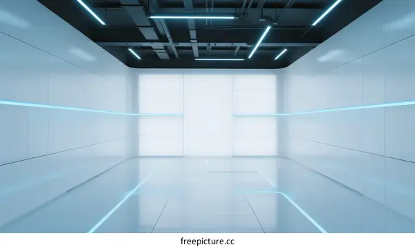 Futuristic White Room with Blue LED Lines and Ceiling Structure