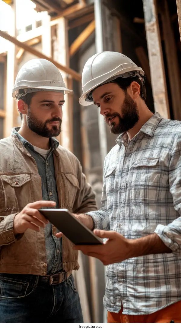 Construction Workers Discussing Project on Tablet