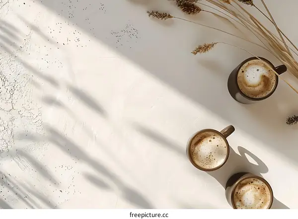 Three Cups Of Coffee And Dried Grass On White Background