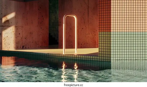 Minimalist Poolside Design with Geometric Tiles and a Single Light