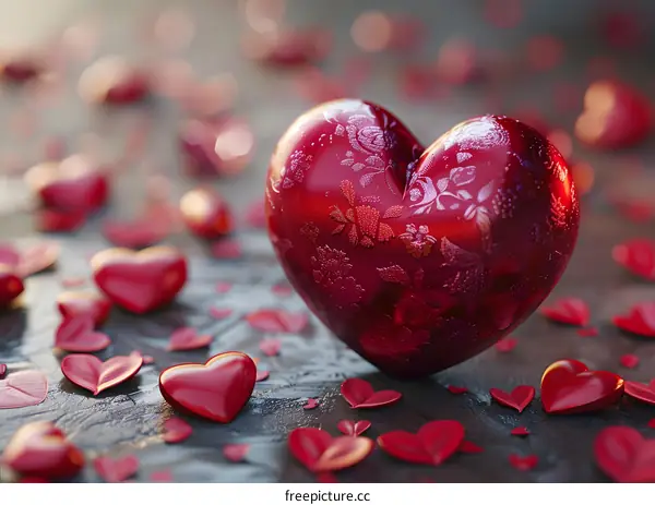 A red heart on many red heart-shaped petals