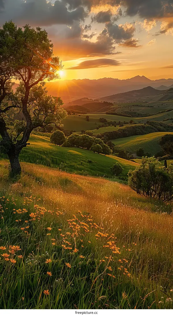 Golden Sunset Over Rolling Green Hills