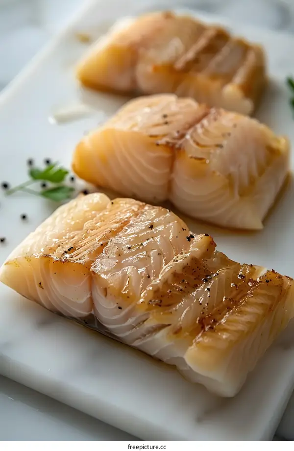 Three pieces of codfish on a marble slab