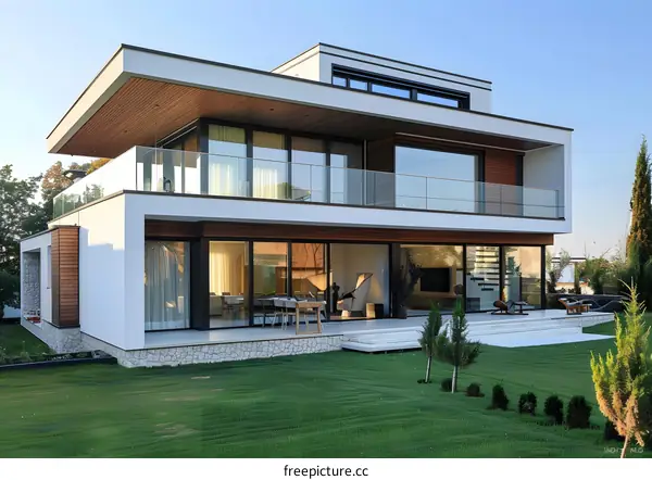 Modern Two Story House with Large Windows and Backyard