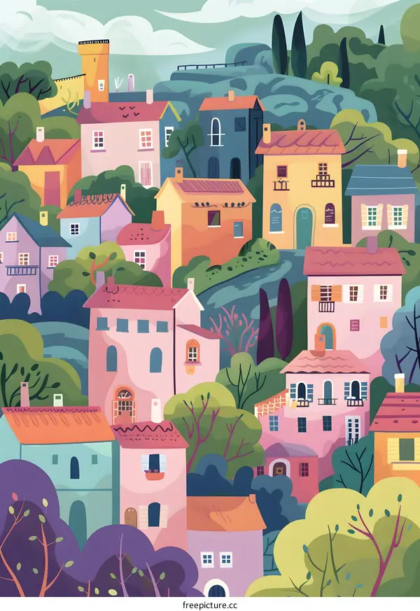 Colorful Illustration of a European Village with Houses and Trees