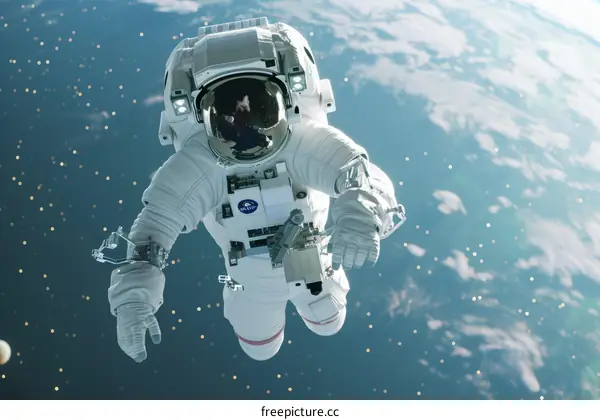 Astronaut in spacesuit floating in the vastness of space with Earth in the background
