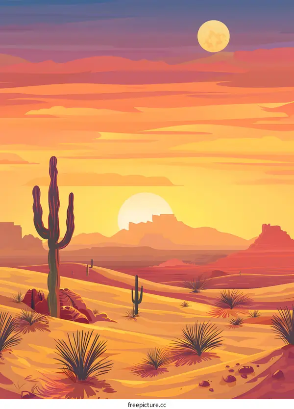Desert Landscape with Sunset and Cacti