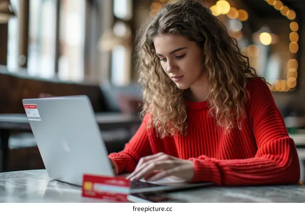 Young woman using laptop and credit card