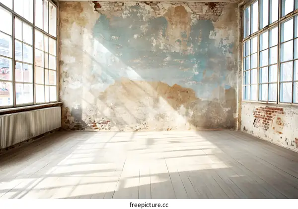 Rustic Empty Room with Large Windows and Exposed Brick Wall