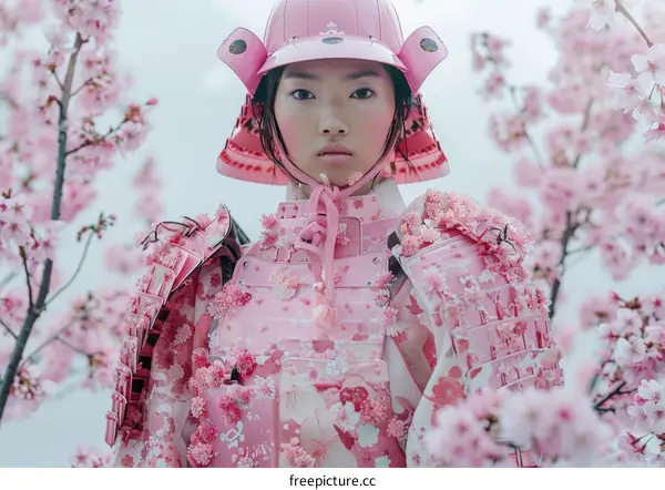 Young Samurai Warrior Posing in Cherry Blossom Garden