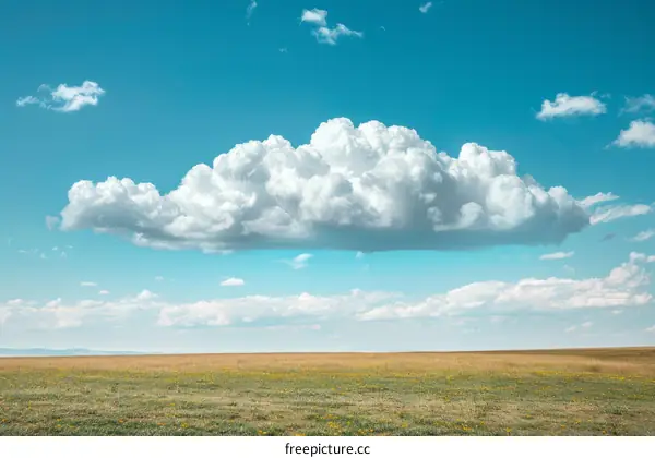 White Clouds Floating in a Blue Sky over a Green Field
