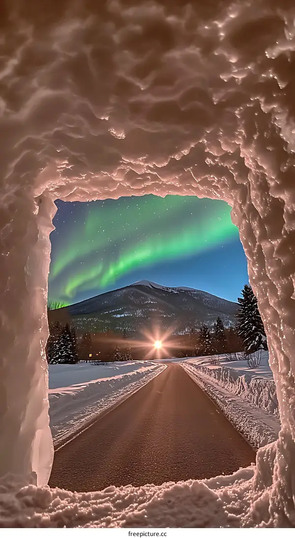 Winter Road Under The Northern Lights