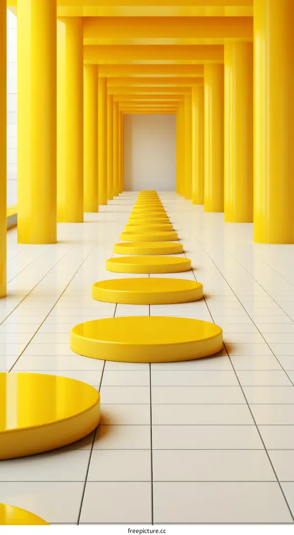 Yellow Podiums in Perspective with Bright Yellow Columns and Tiled Floor