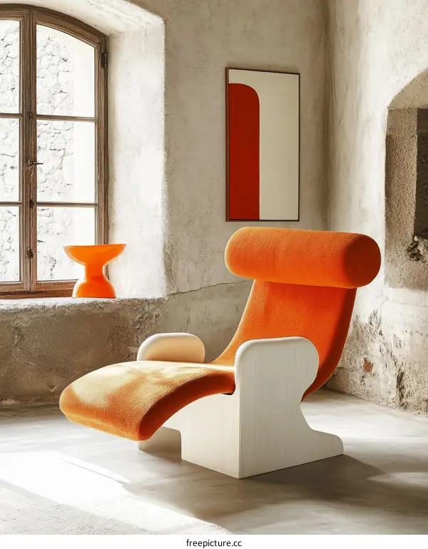 Modern Orange Lounge Chair in Rustic Room