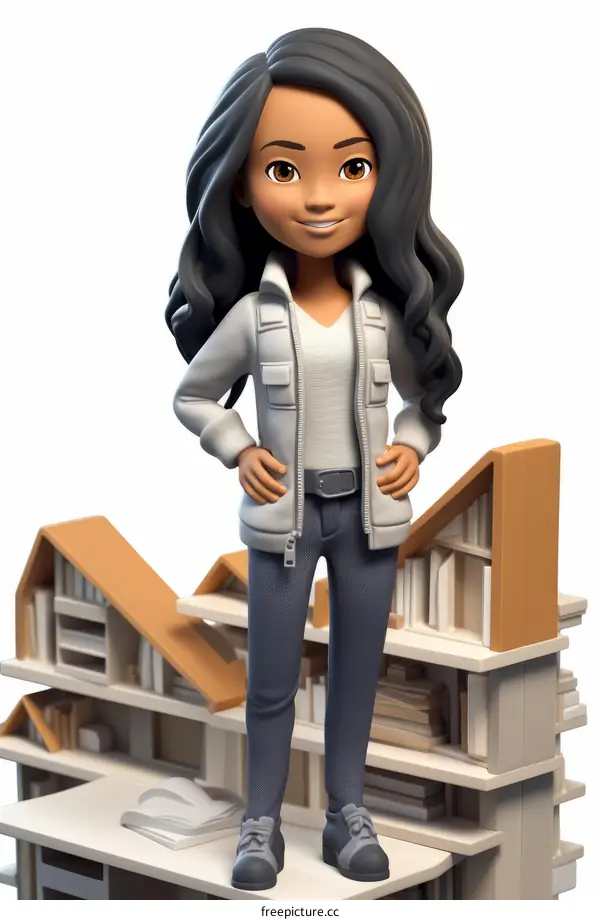 An illustration of a young woman standing in a library