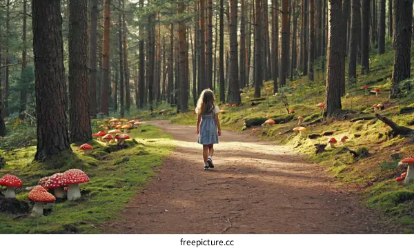 Little Girl Walking Through a Fairy Tale Forest with Mushrooms