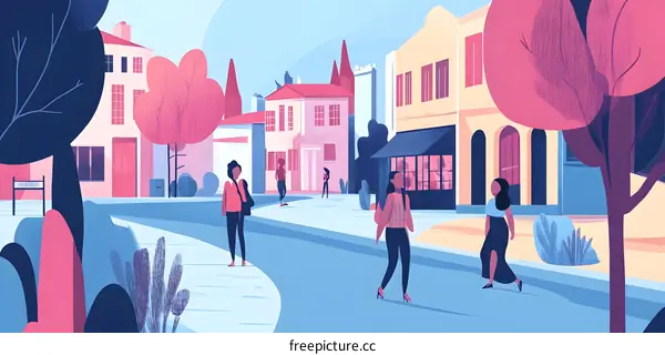 Colorful Illustration of People Walking in a City Street
