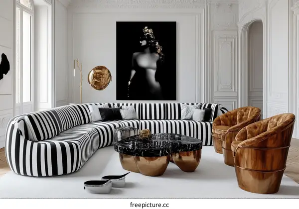 Elegant Parisian Living Room with Black and White Sofa