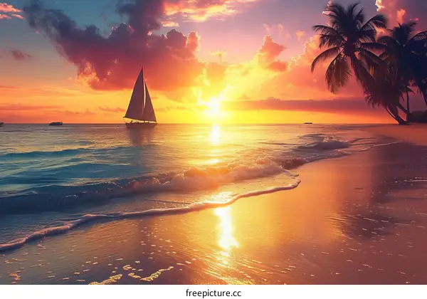 Tropical Beach Sunset With Sailboat and Palm Trees