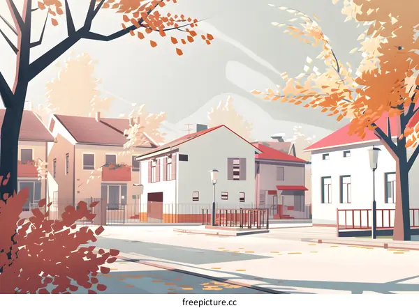 Autumn Landscape Illustration with Houses and Trees