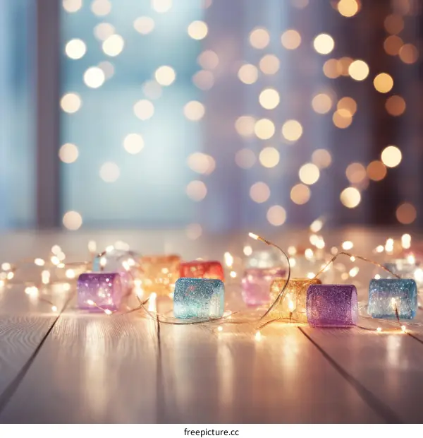 Small glass cubes with fairy lights on wooden table against blurred lights background