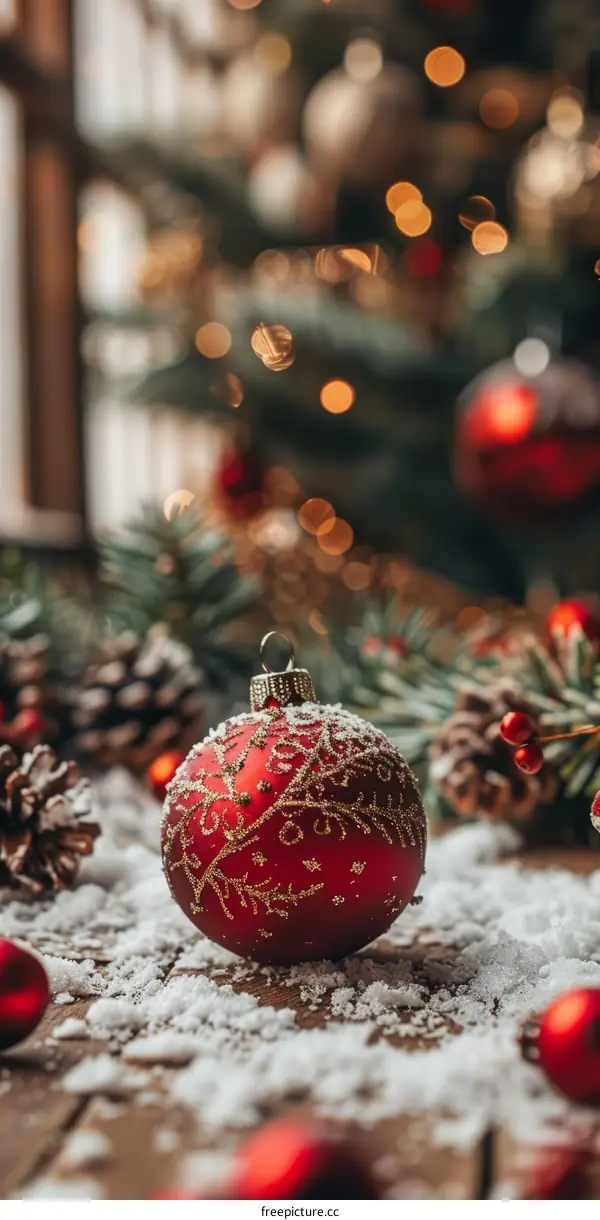 Red Christmas Ball with Golden Pattern on a Snowy Wooden Table