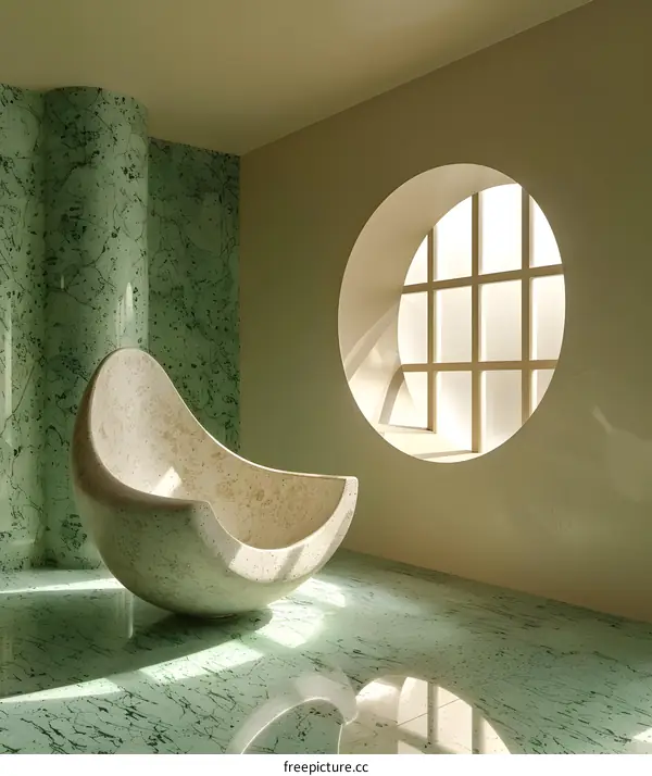 An abstract marble sculpture sits in front of a large oval window.
