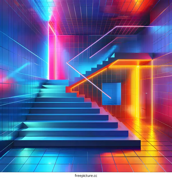 Blue and orange neon lit stairs