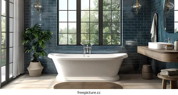 Blue bathroom with large windows and a freestanding bathtub