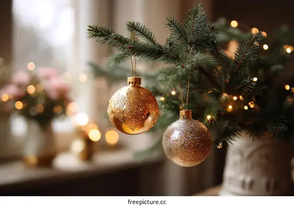 Christmas Tree Decoration with Golden and Silver Ornaments
