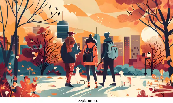 Three Friends and Their Dogs Enjoying Autumn in the City