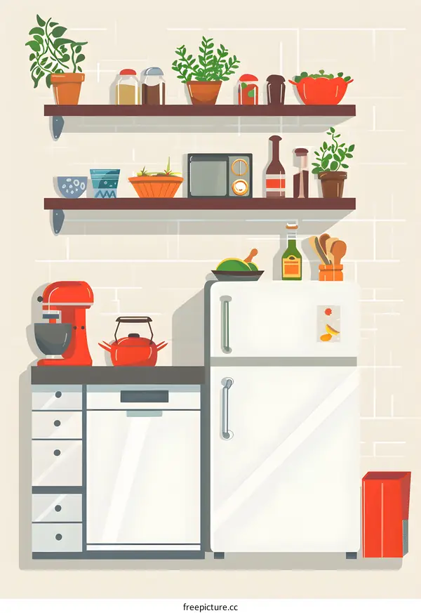 Modern Kitchen Illustration with White Refrigerator and Shelves