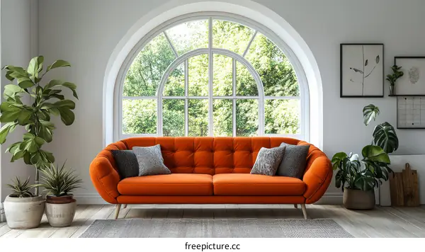 Modern Living Room with Orange Sofa and Large Window