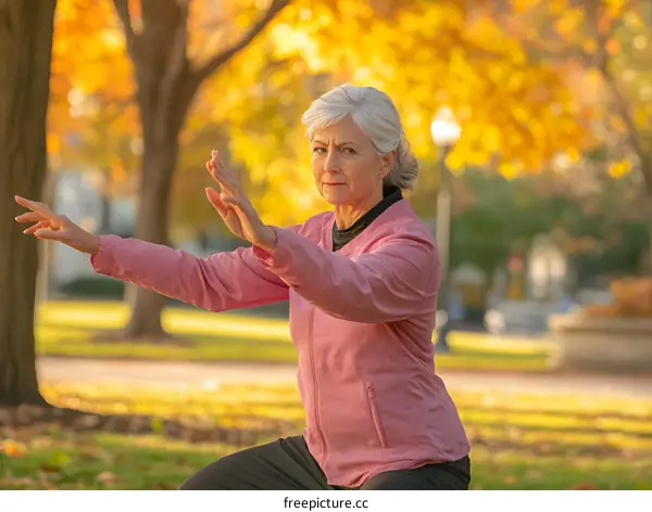 Senior Woman Doing Tai Chi in Autumn Park