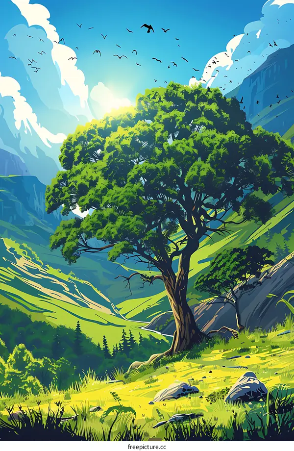 Green Mountain Landscape With Trees and Birds