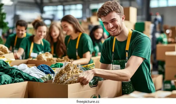Volunteers Packing Donations in a Warehouse