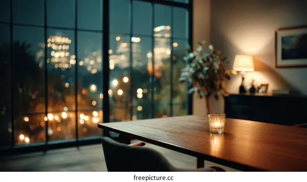 Cozy Nighttime Interior Scene with City View