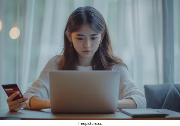 Asian woman holding credit card using laptop online shopping