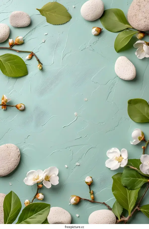 White Flowers and Stones on Blue Background