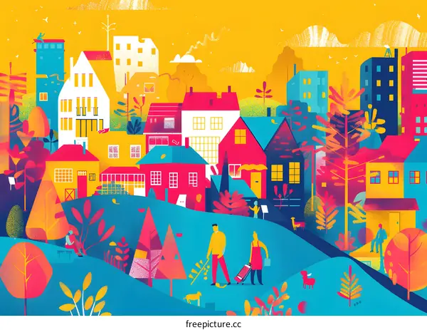 Colorful Illustration of a Cityscape With People Walking and Trees