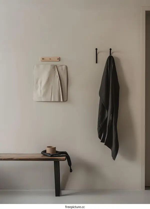 Minimalist Interior Design with Wooden Bench and Black Cloth