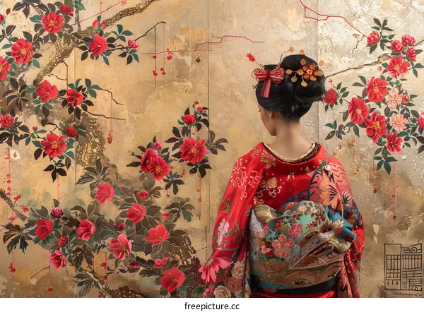 A woman wearing a kimono standing in front of a gold leaf screen