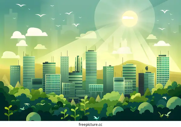 Green Cityscape with Sun and Birds