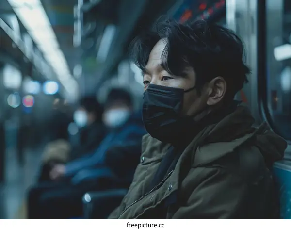 A masked man is sitting on a train looking out the window