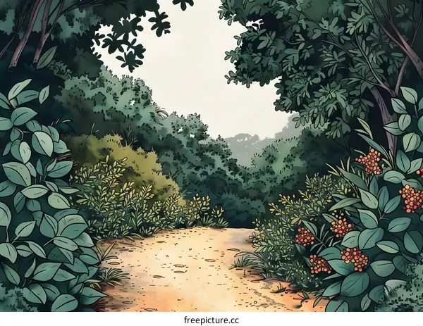 A dirt path through a dense forest