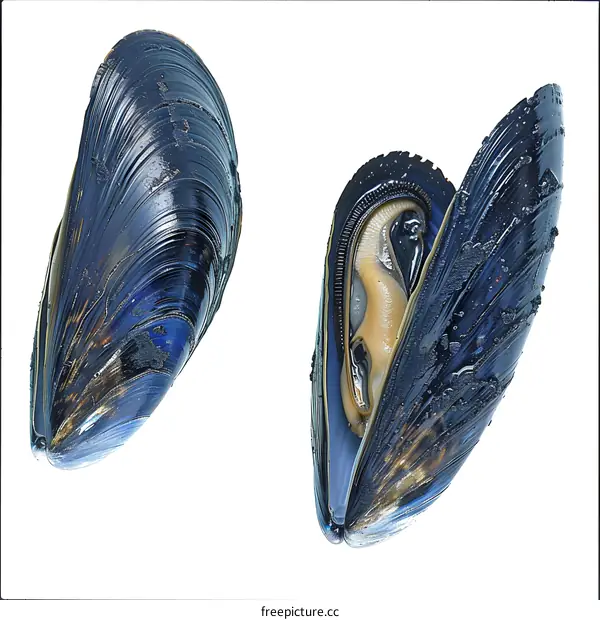 Two blue mussels on a white background