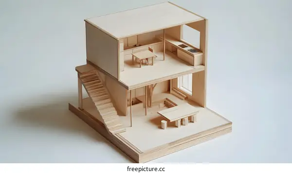 Wooden Model of a Two Story Home with Interior Details